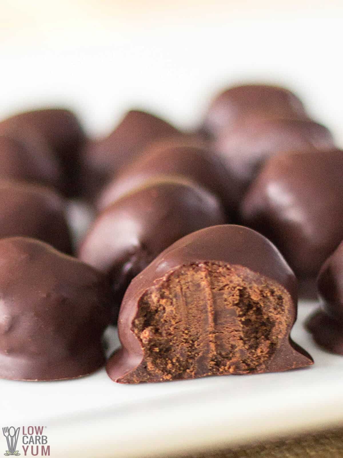 sugar free chocolate truffles on white plate.