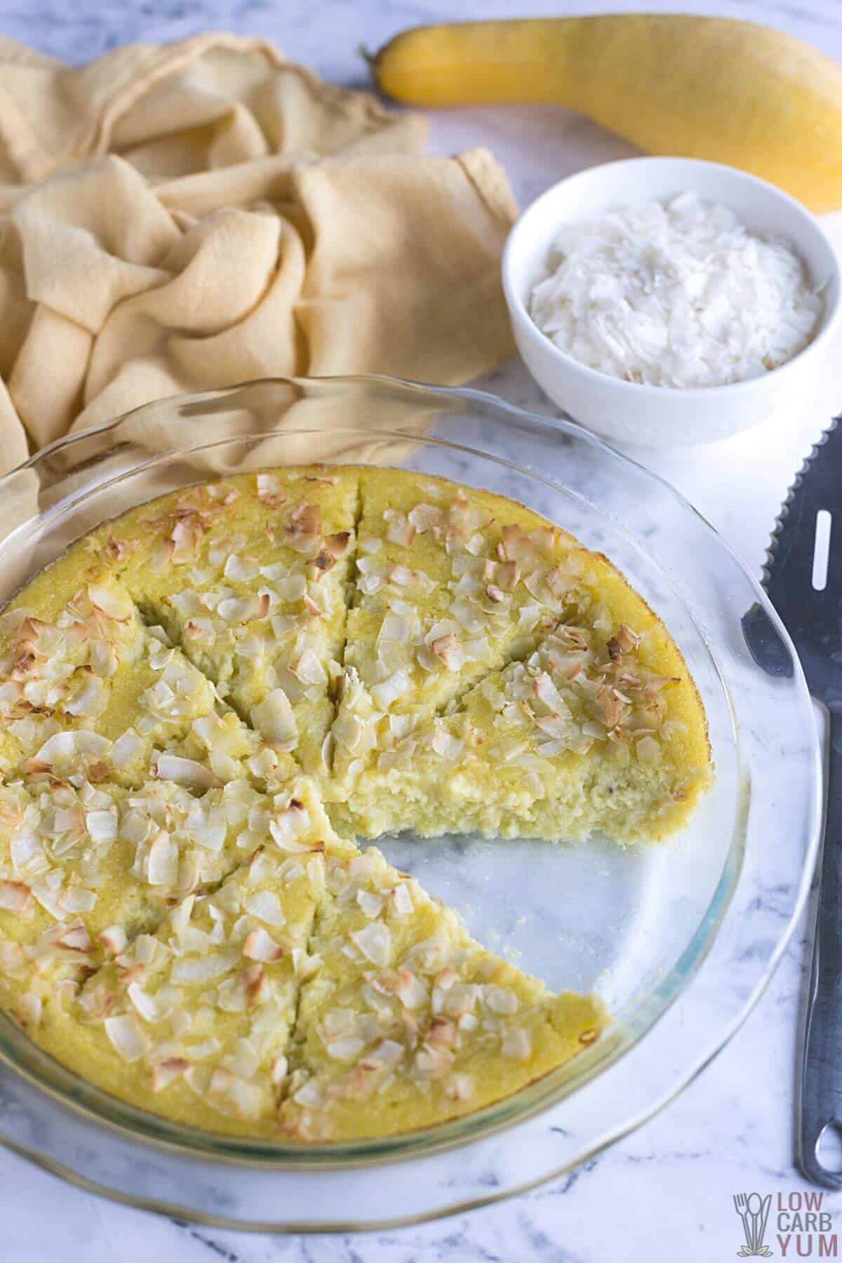 sliced pie with yellow squash and coconut.