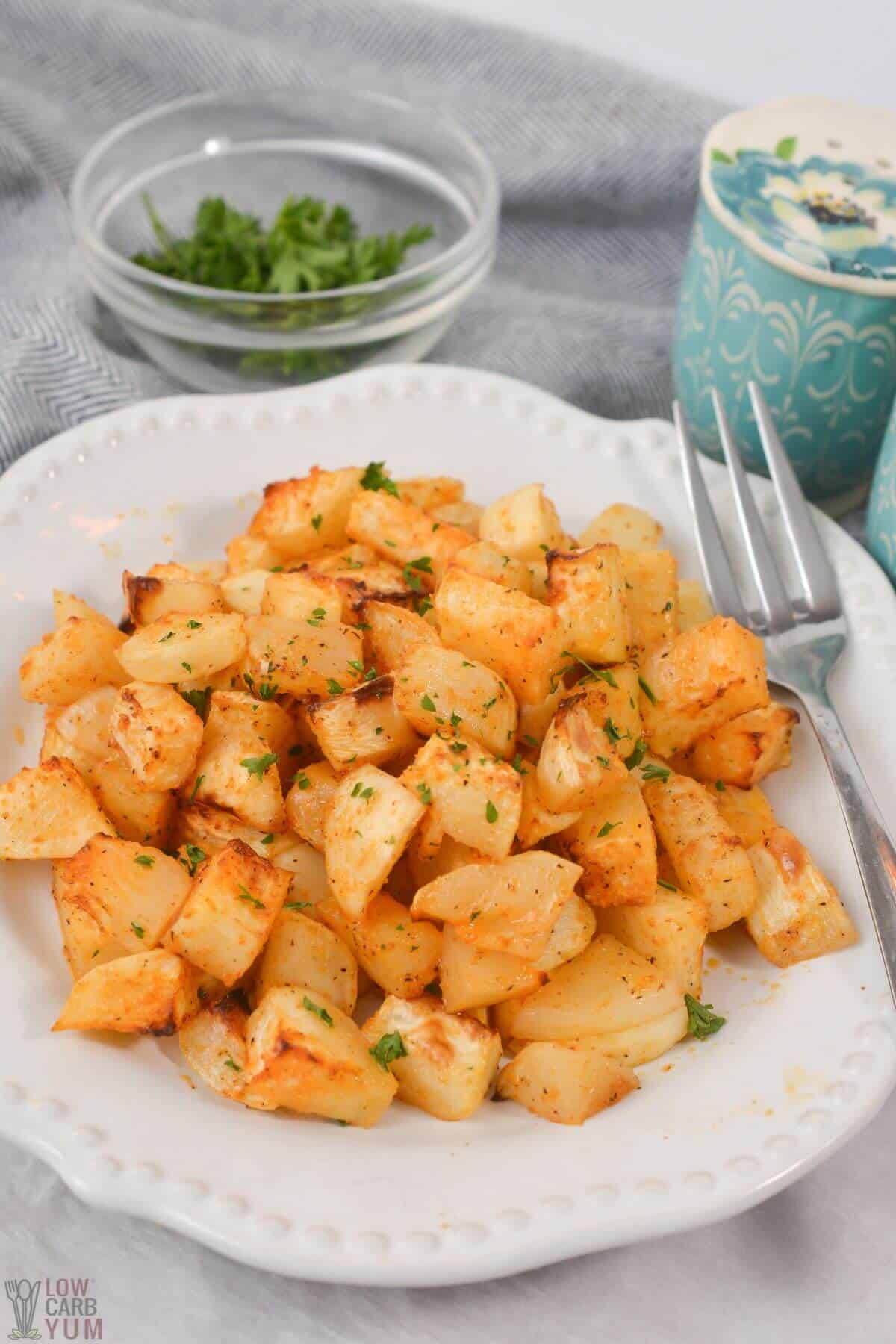 air fryer turnips on plate.