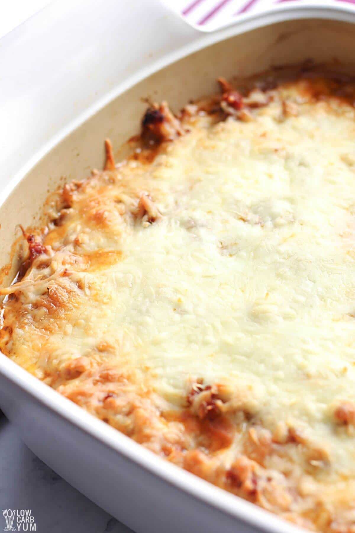 baked keto lasagna in baking pan.