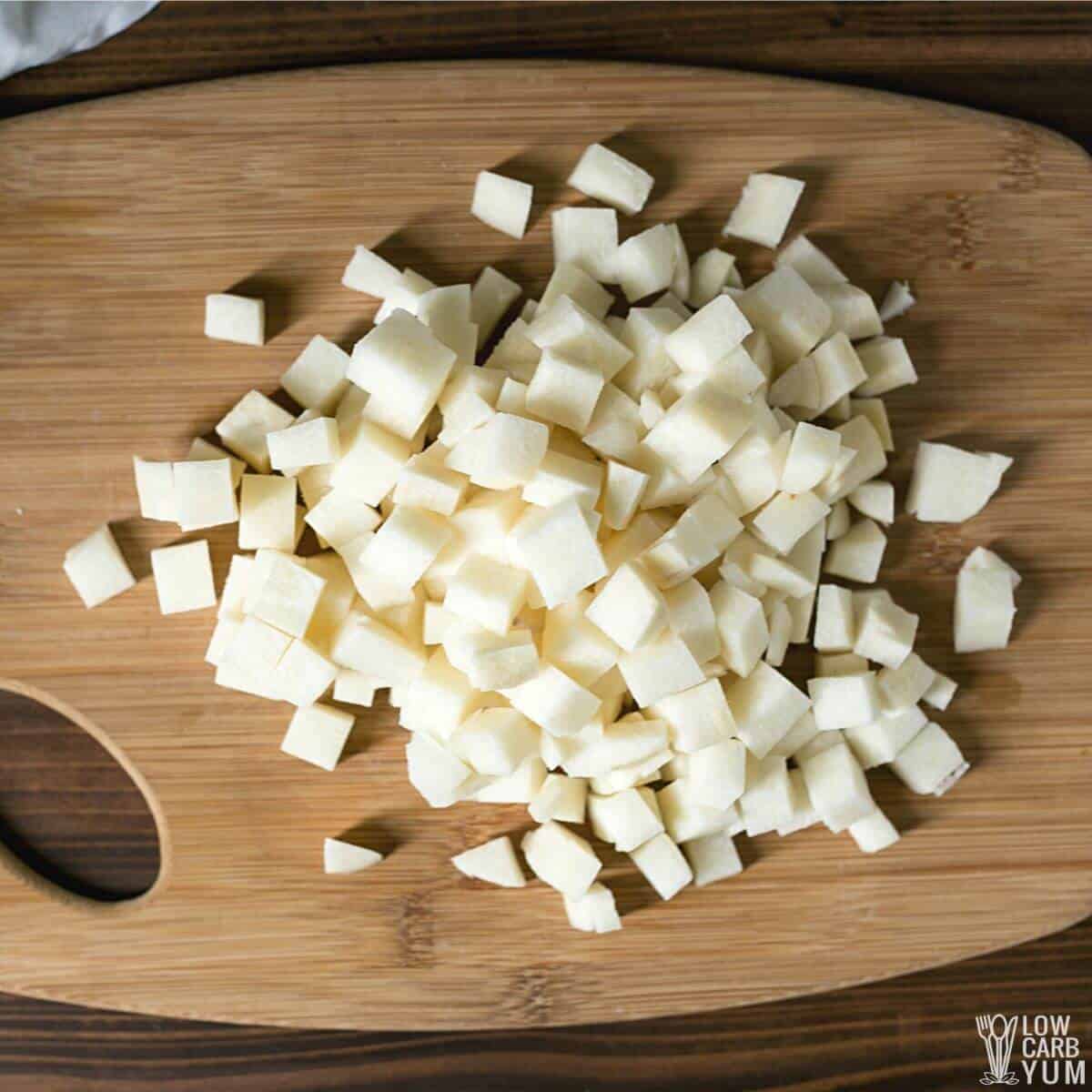 cubed jicama on cutting board.