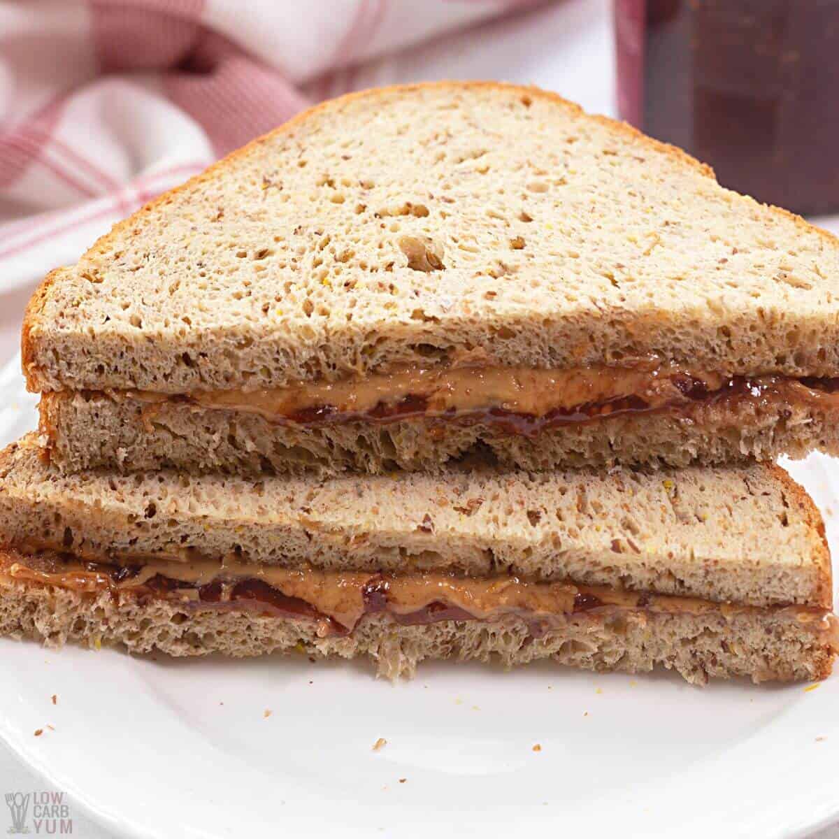 keto peanut butter and jelly sandwich sliced.