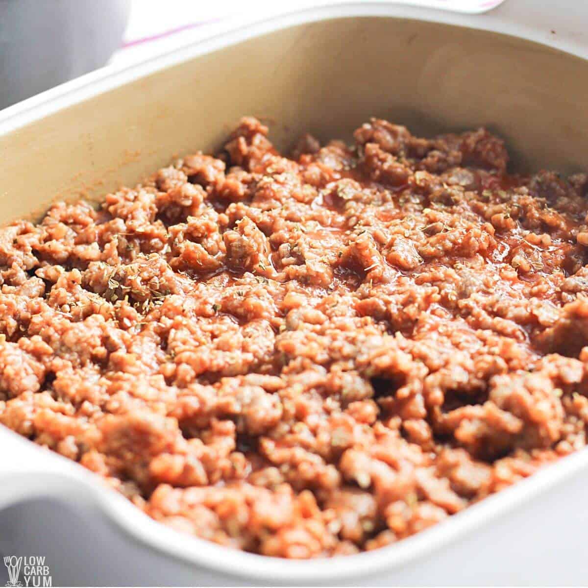 meat layer in baking pan.