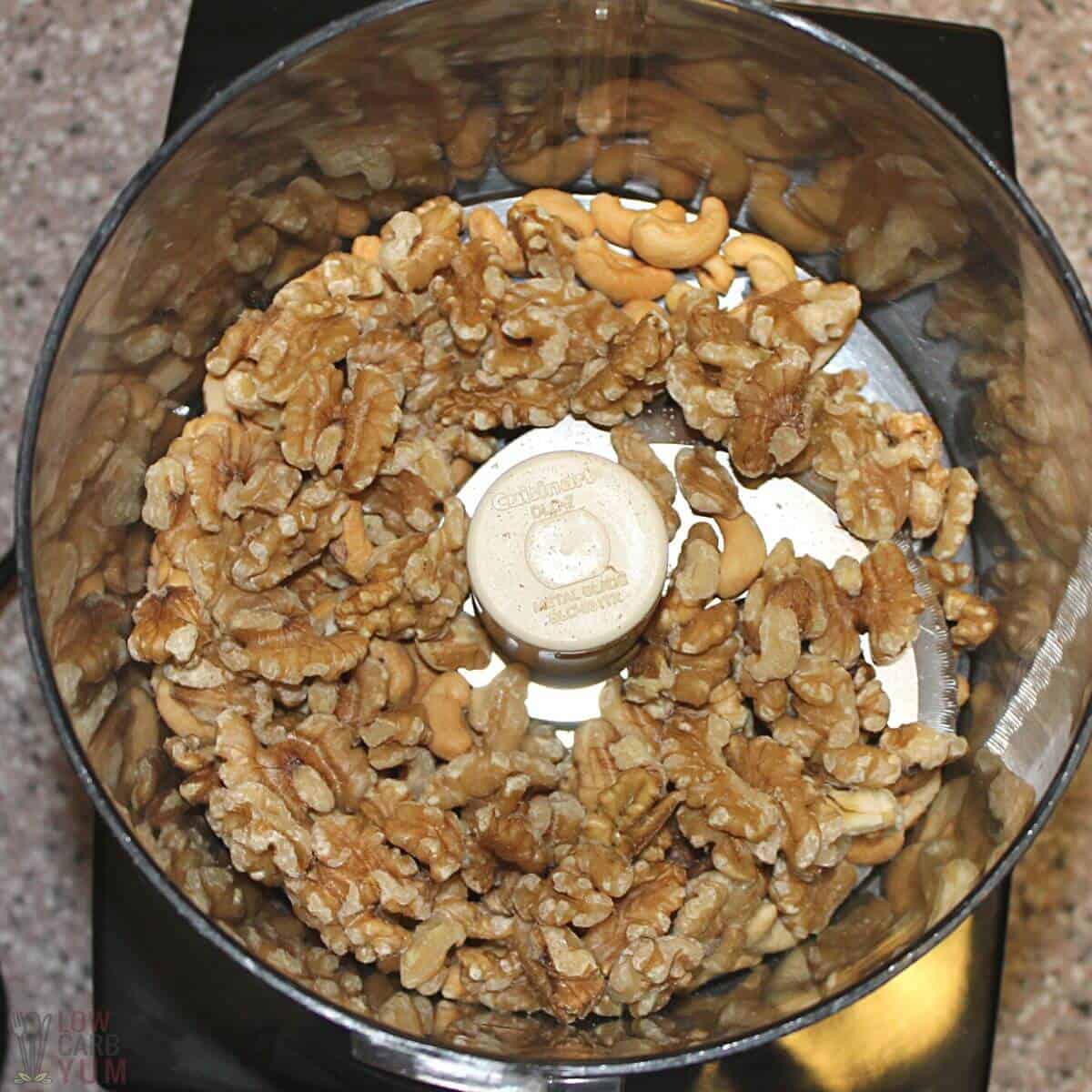 cashews and walnuts in food processor.