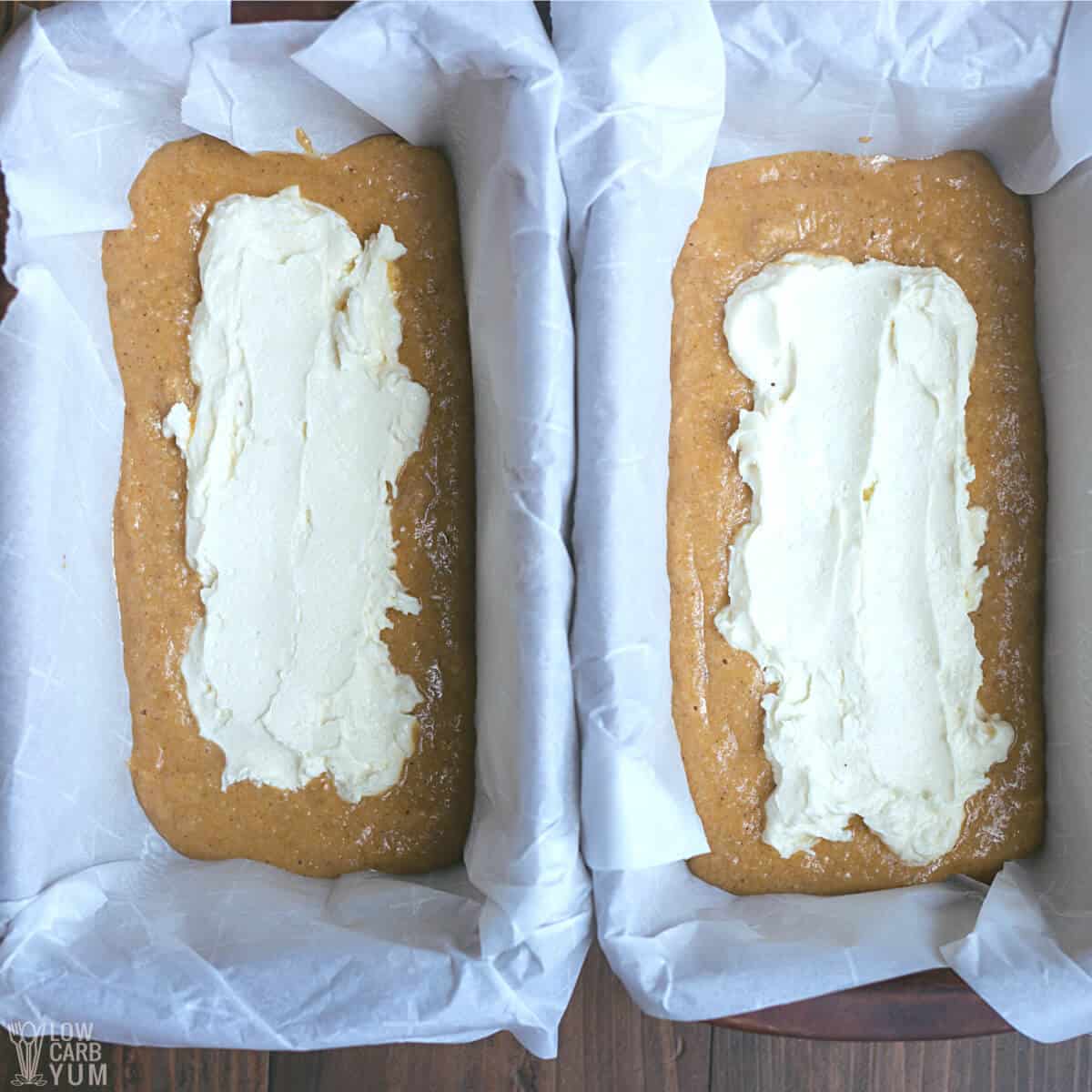 pumpkin bread batter and cream cheese filling layers.