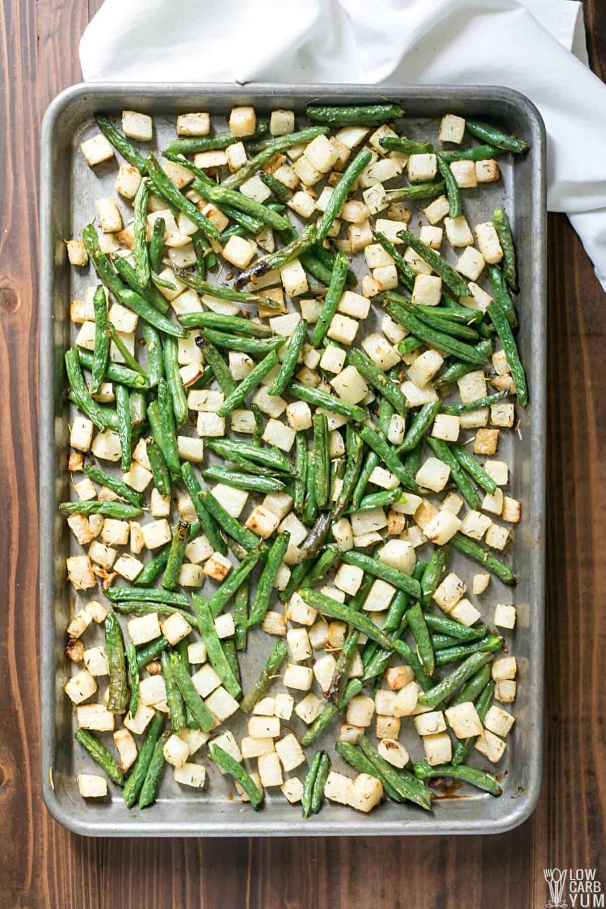 roasted vegetables on baking sheet.