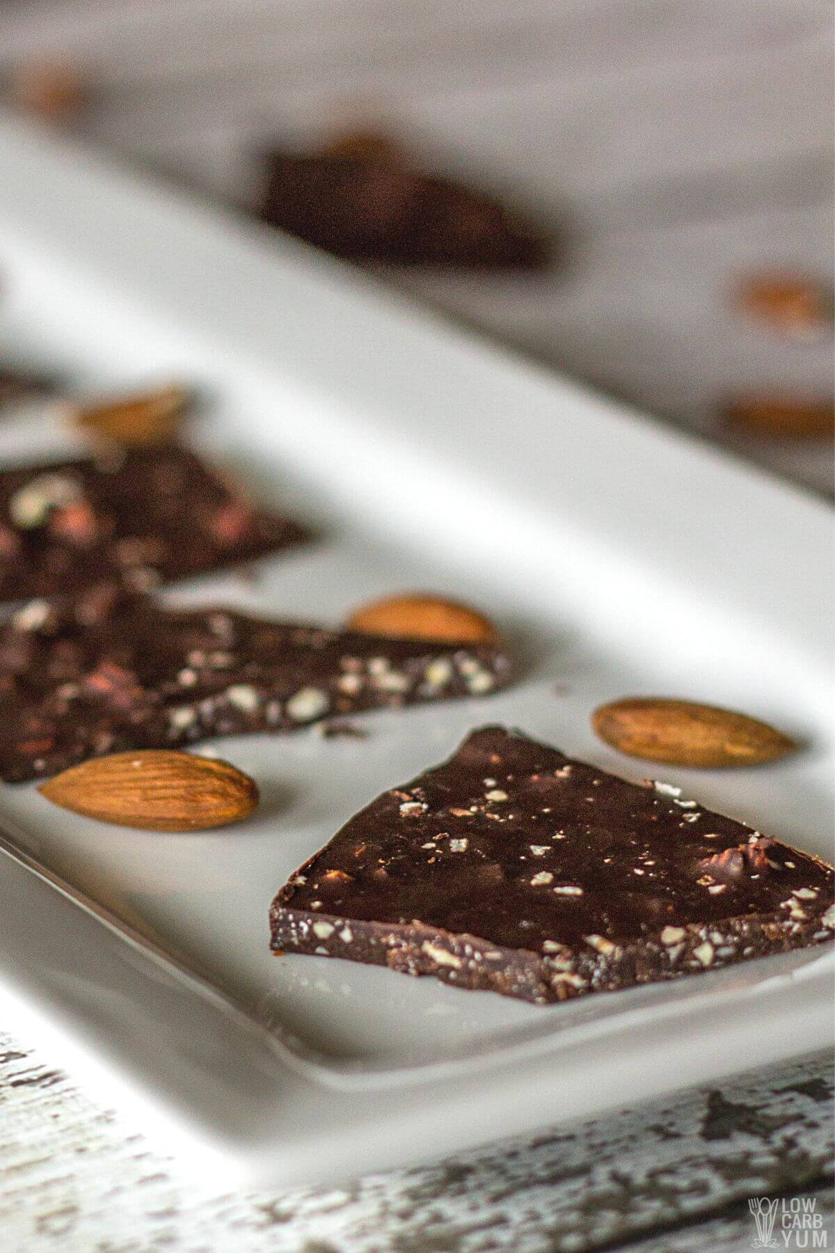 keto dark chocolate bark filled with chopped almonds