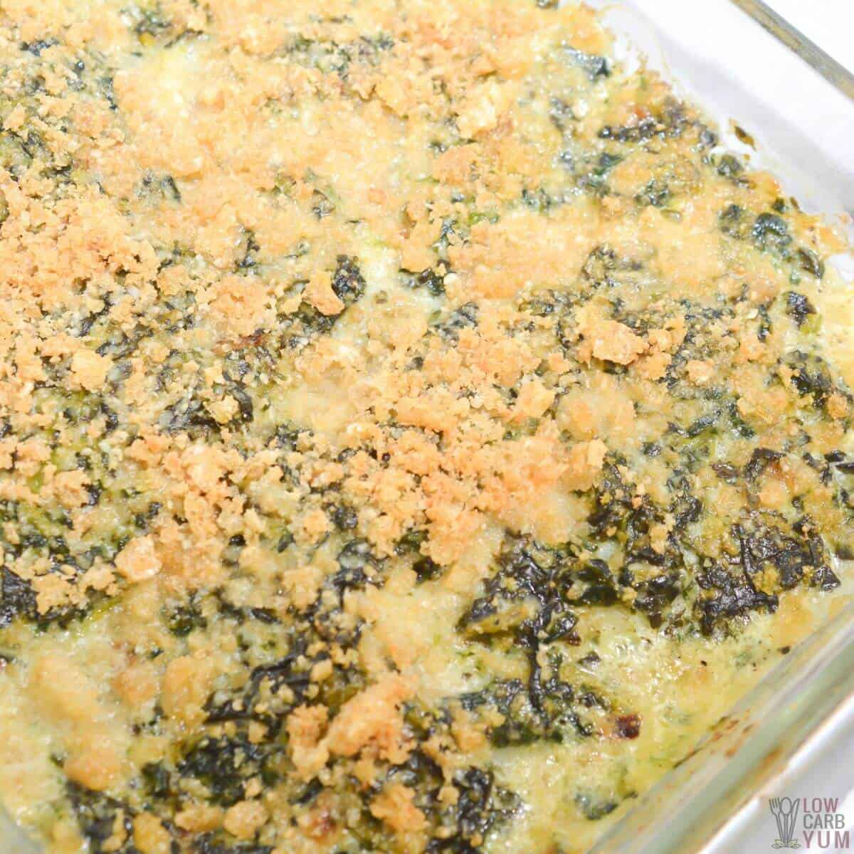 fish florentine casserole in glass baking dish.