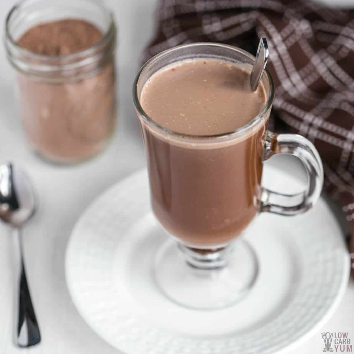 hot chocolate in glass mug without whipped cream.
