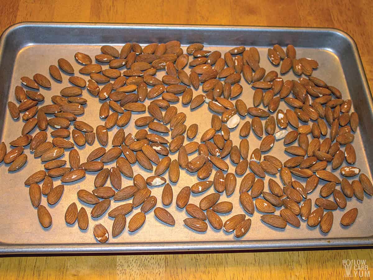 roasted almonds on sheet pan.