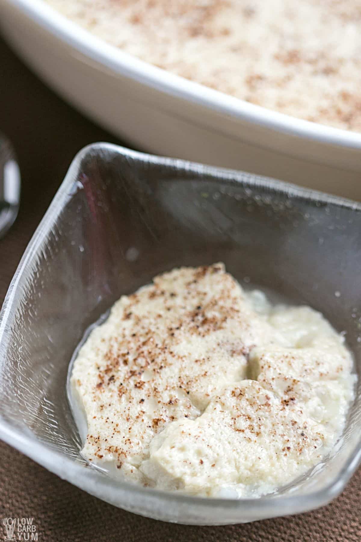 keto rice pudding in serving dish.