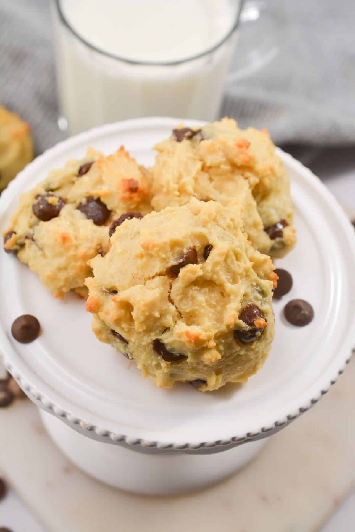 keto chocolate chip protein cookies on a white plate