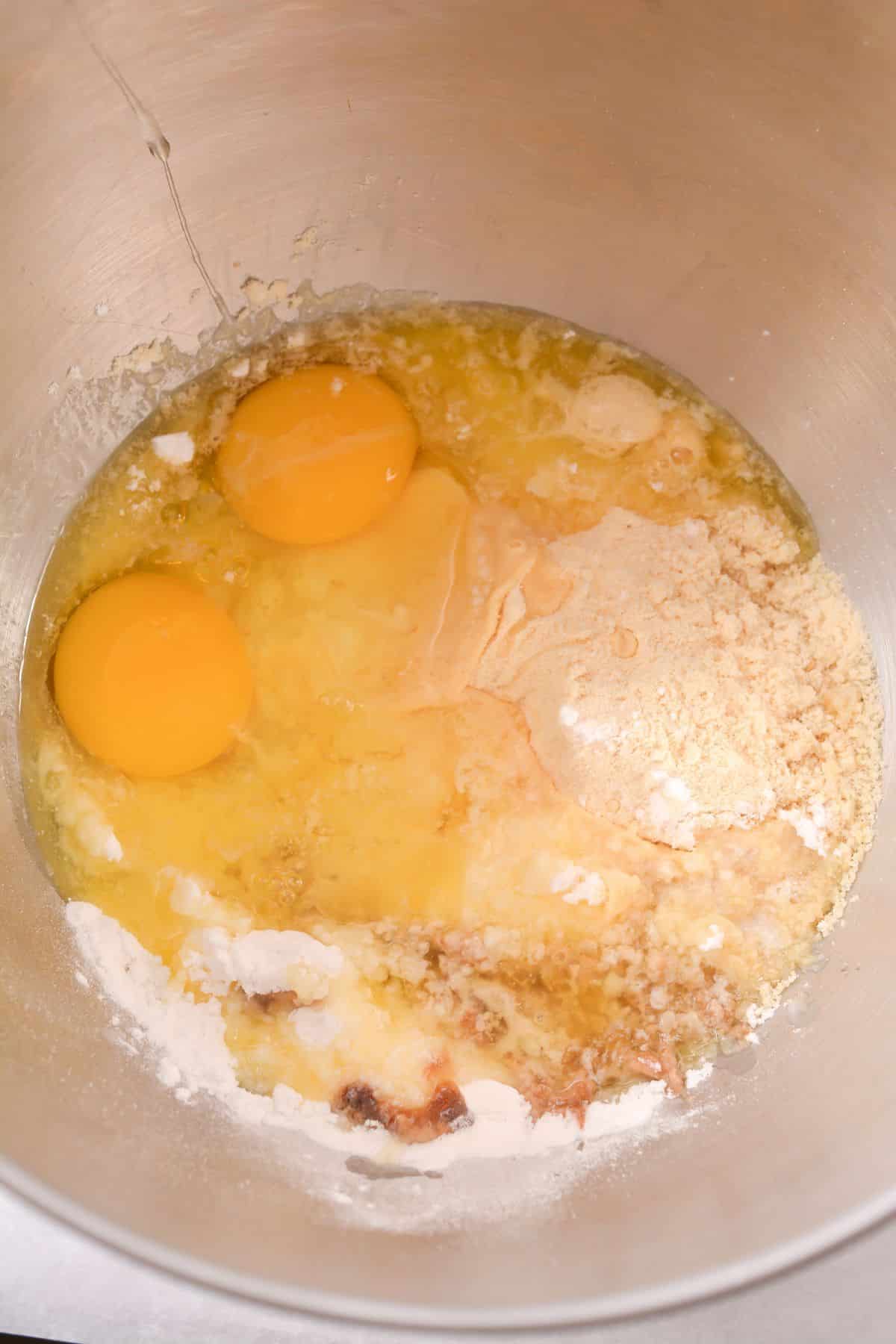 mixing cookie dough ingredients in bowl