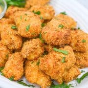 air fried chicken nuggets on a white platter