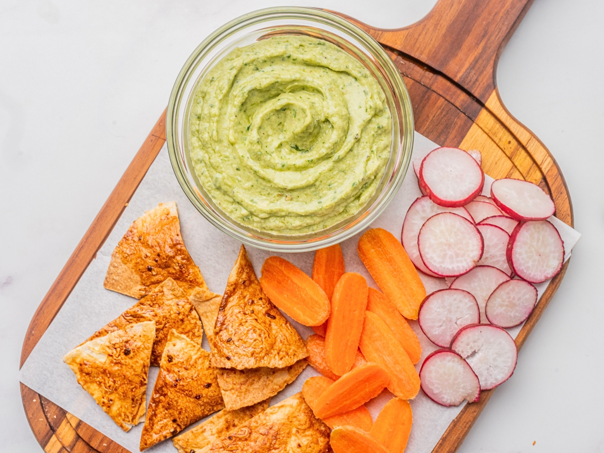 veggie board with avocado dip