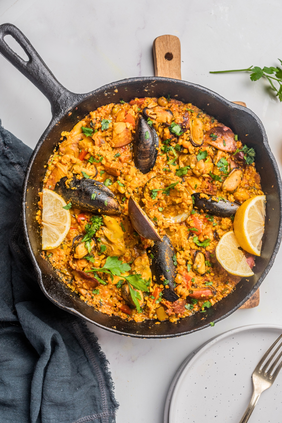 overhead shot of seafood  chorizo paella