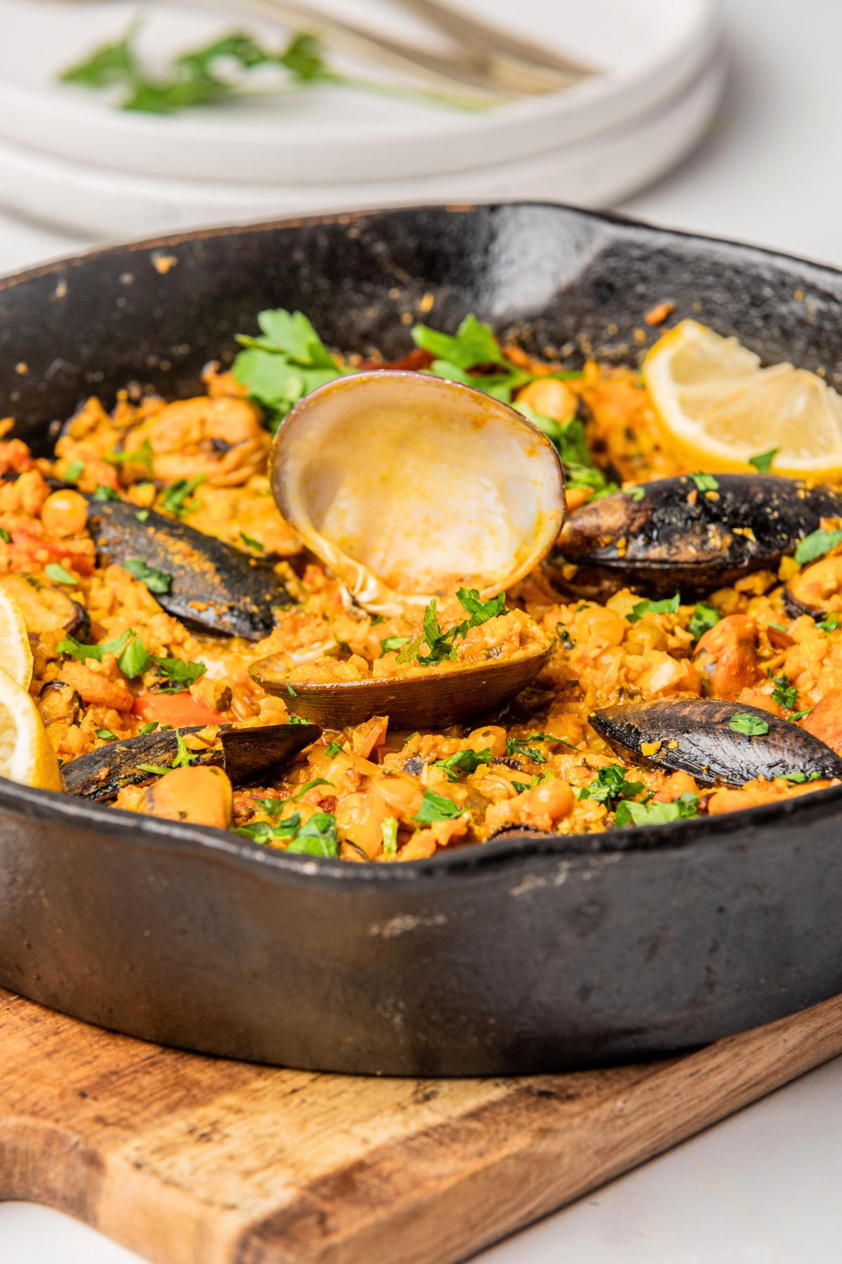 spanish paella with clams and mussels
