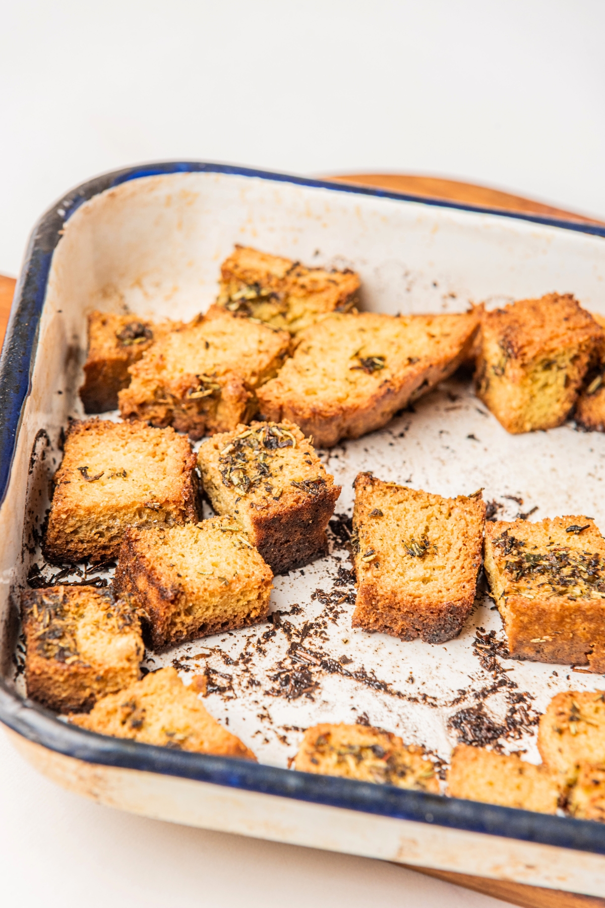 seasoned croutons in a pan