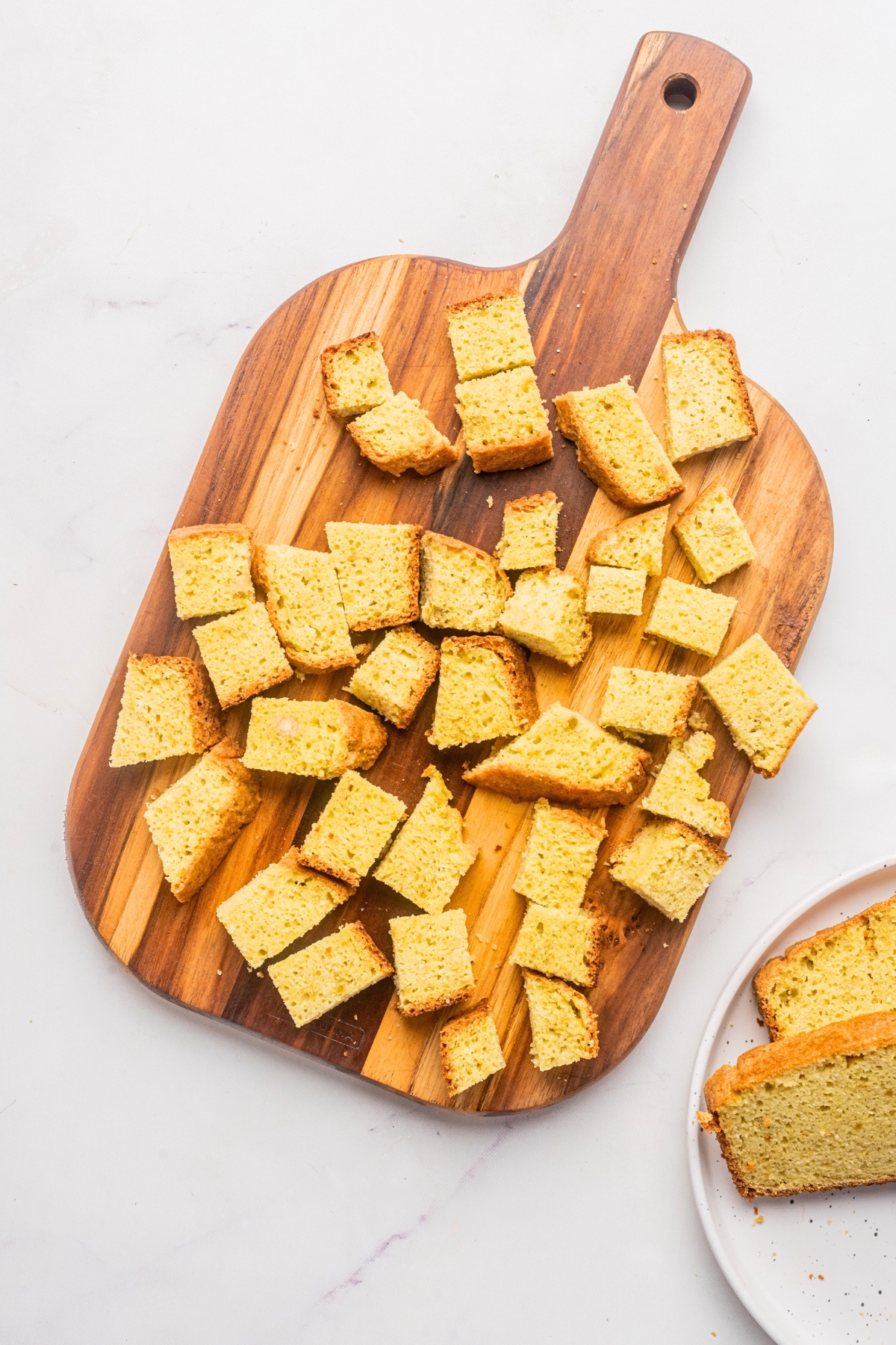 cubed keto bread on a board