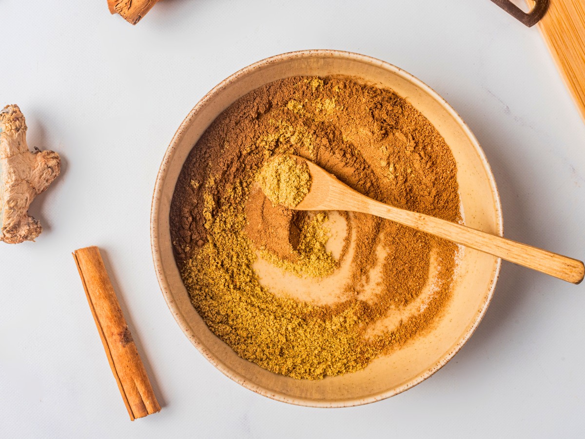 homemade pumpkin pie spice in a ceramic bowl