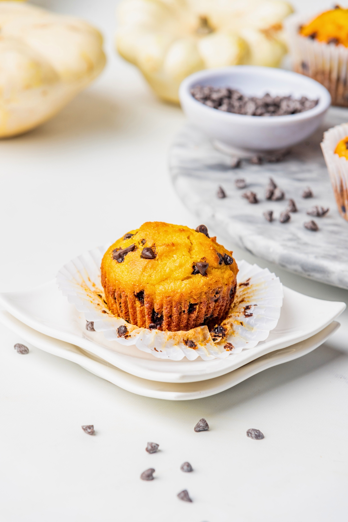 unwrapped chocolate chip pumpkin muffin