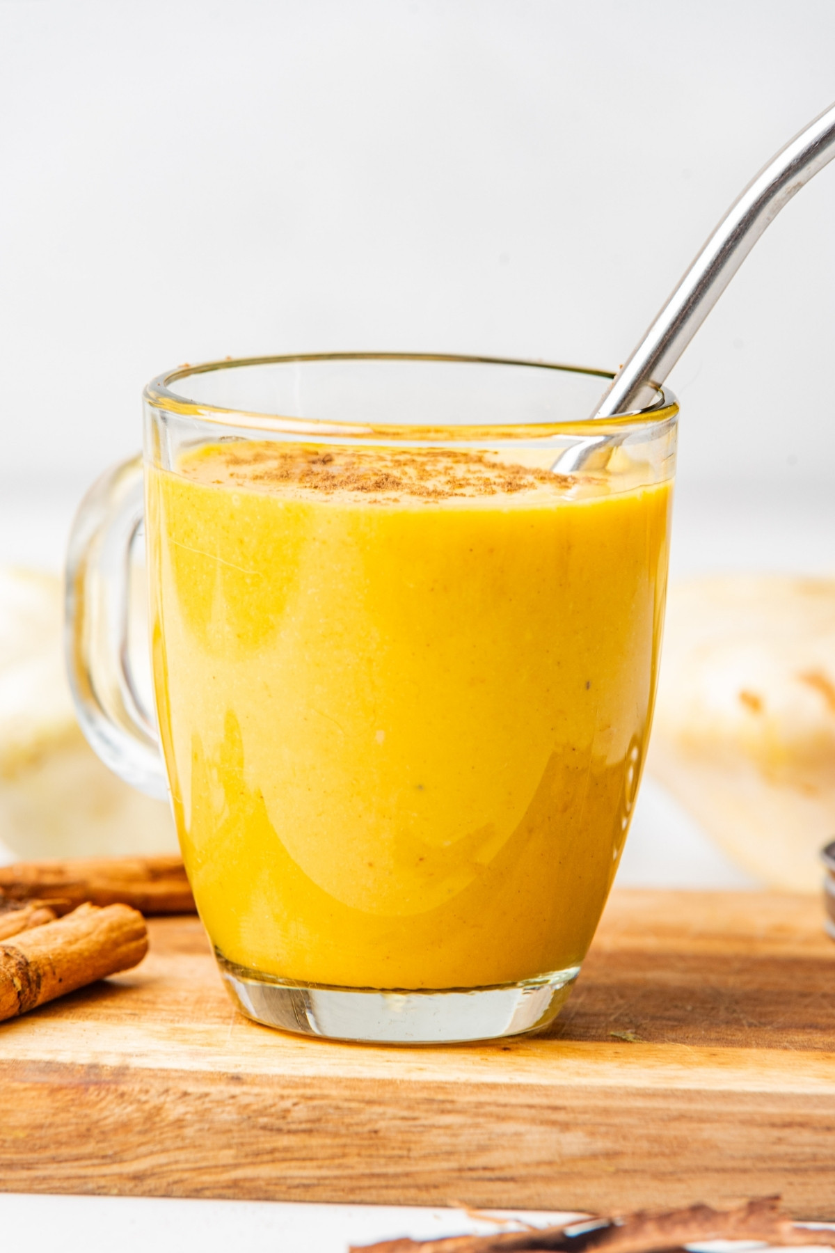 side view of healthy pumpkin smoothie recipe. 
