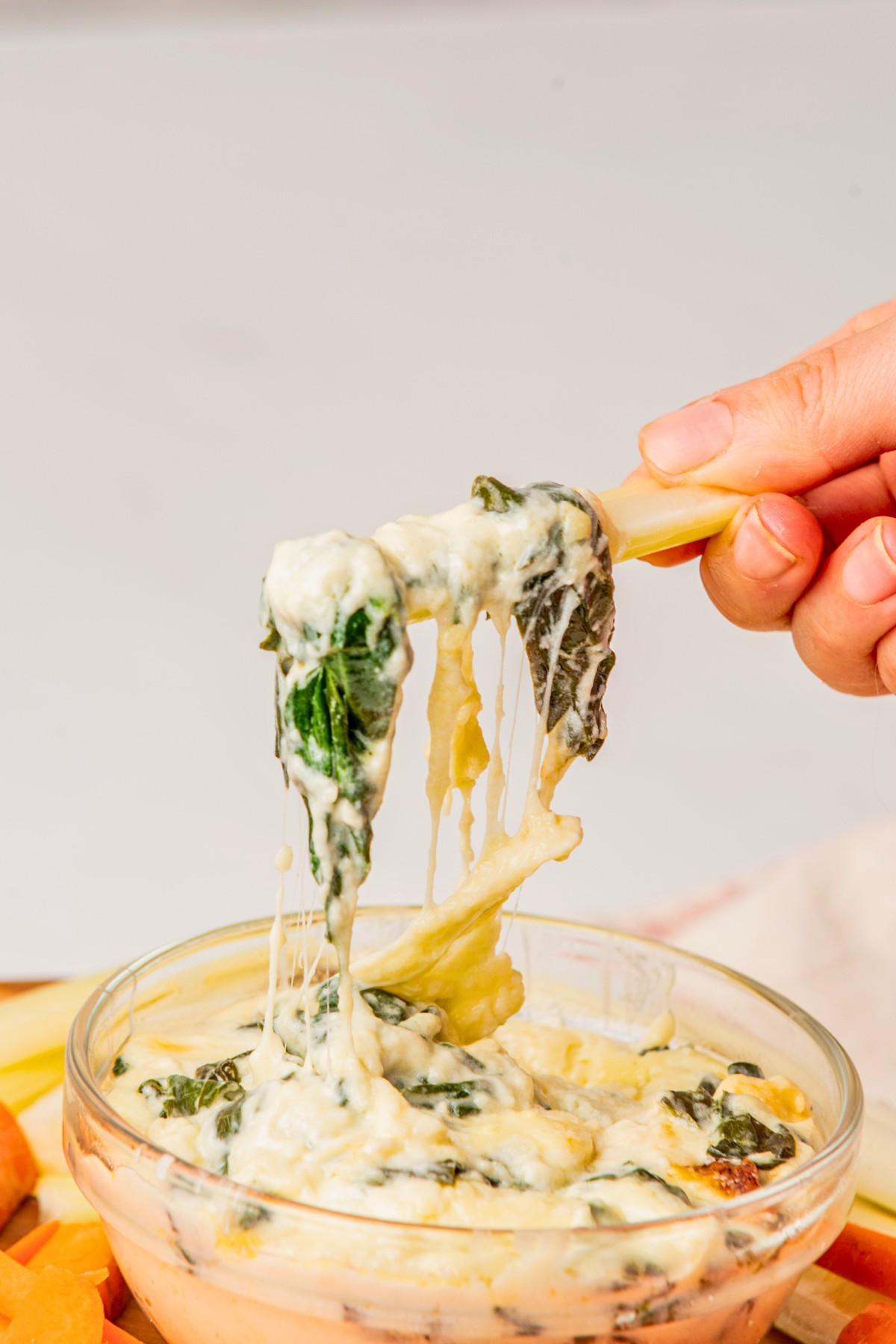 dipping celery stick into spinach and cream cheese dip. 