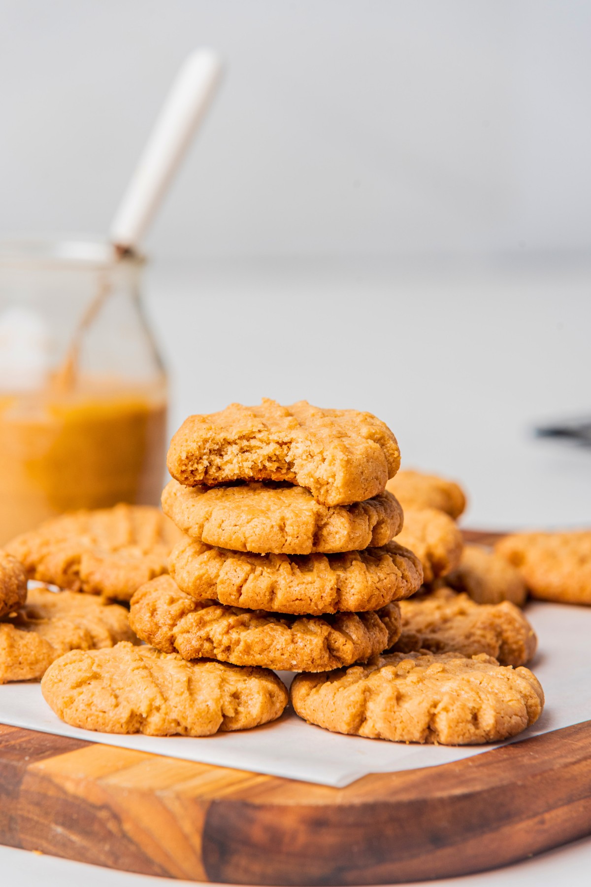 A stack of Keto peanut butter cookies made with natural peanut butter. 