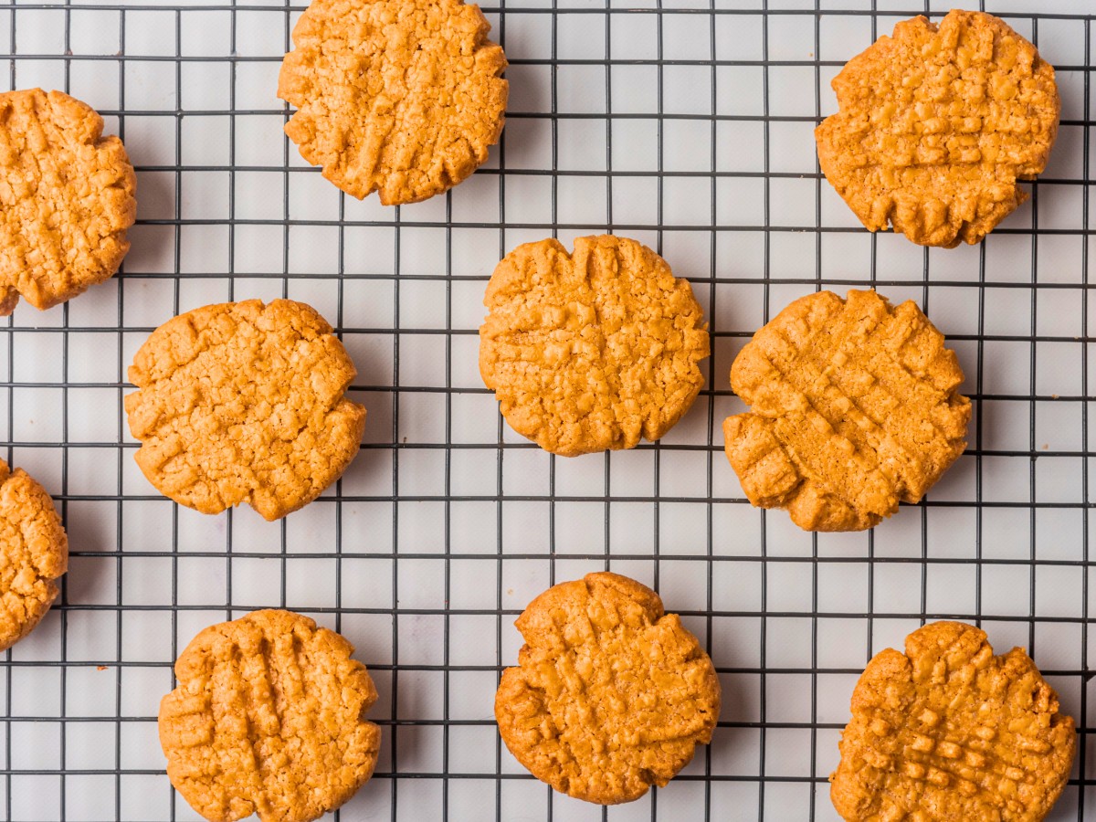3-ingredient peanut butter cookies cooling on wire rack.