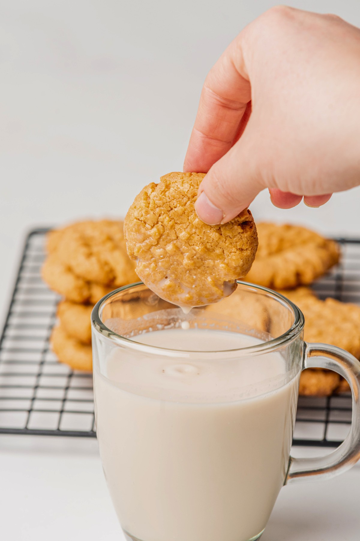 dunked peanut butter cookie into a glass of milk. 