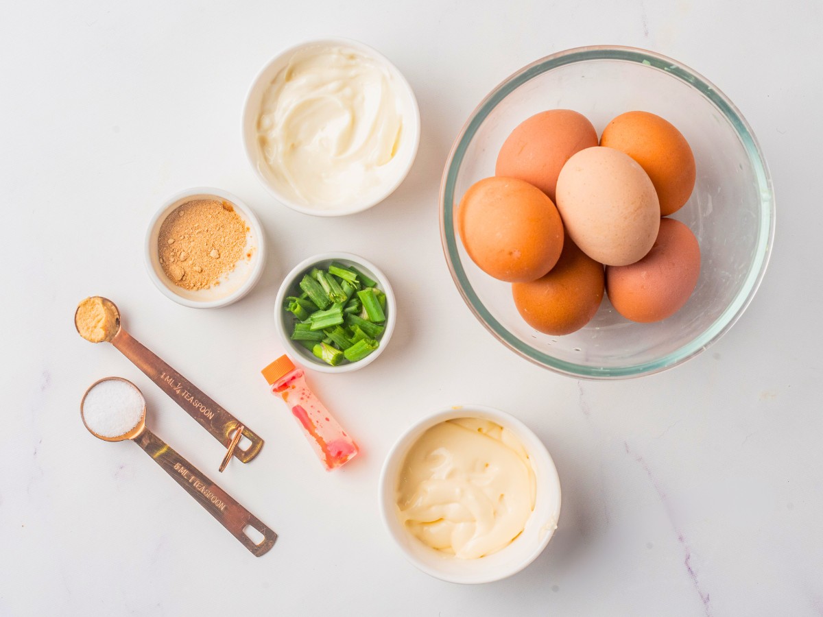 ingredients needed to make pumpkin deviled eggs. 
