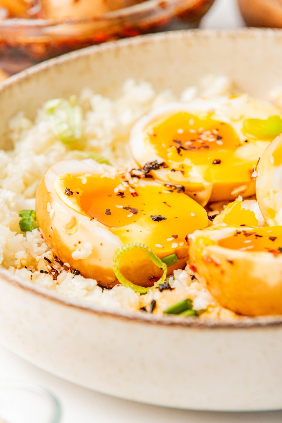 close up of korean marinated soft boiled eggs 