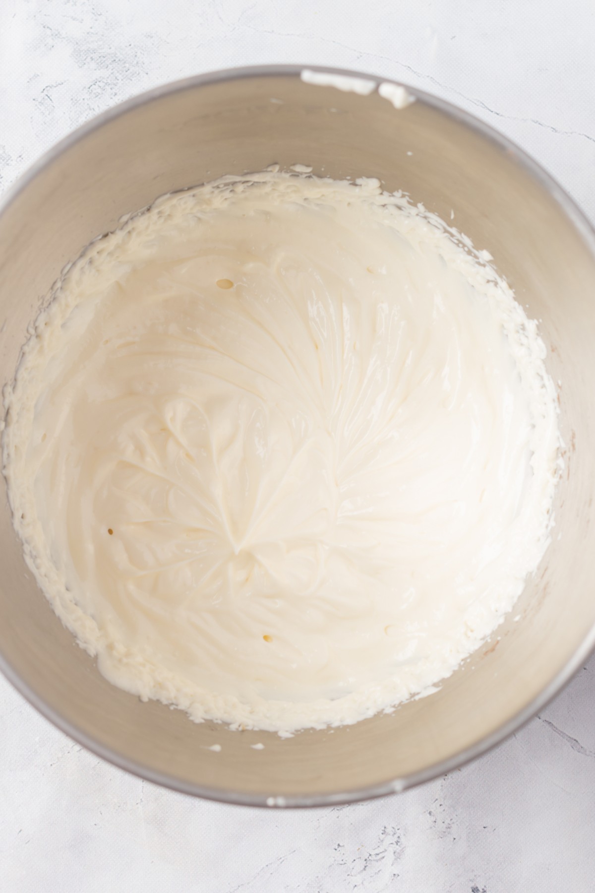 whipped cream cheese in mixer bowl