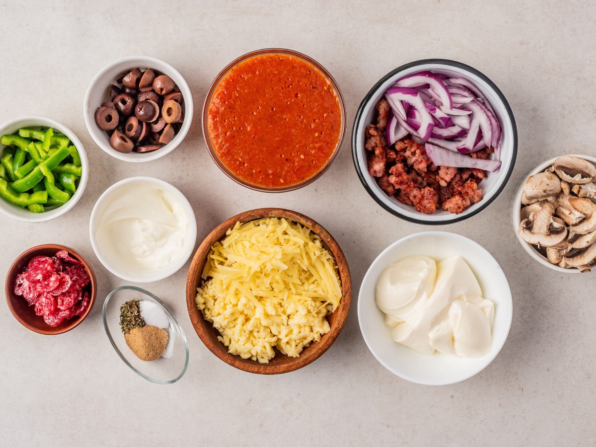 overhead shot of ingredients needed to make keto pizza dip.