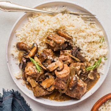 beef, onions and mushroom dish with cauli rice