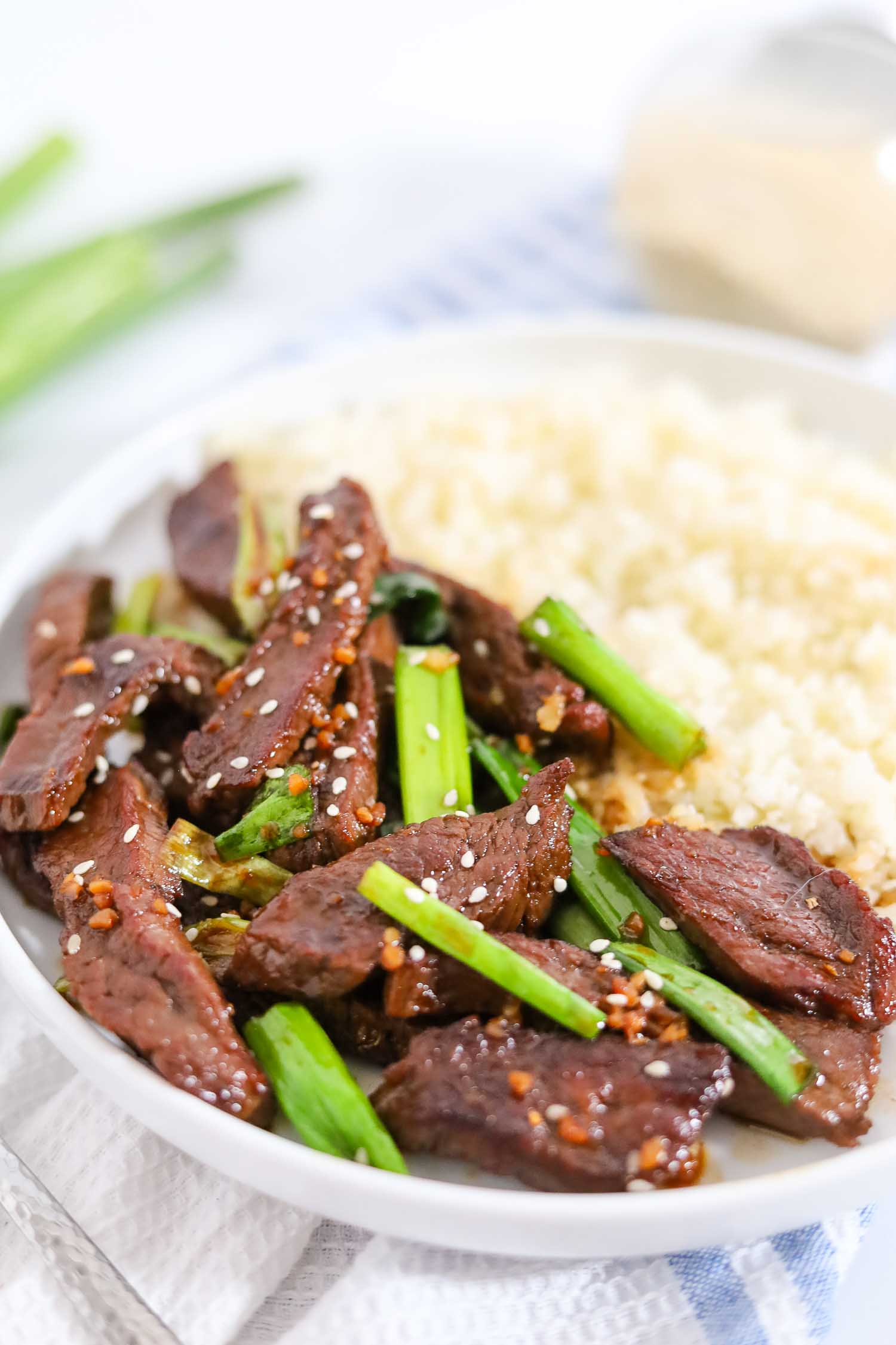 close-up shot of keto mongolian beef on a plate.
