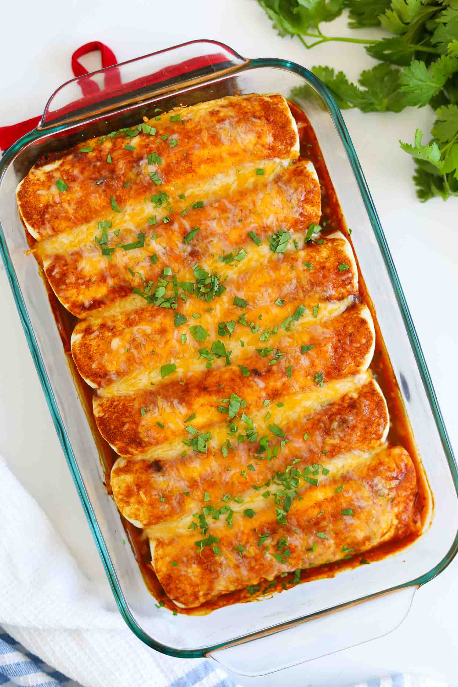 baked keto chicken enchiladas topped with green onions