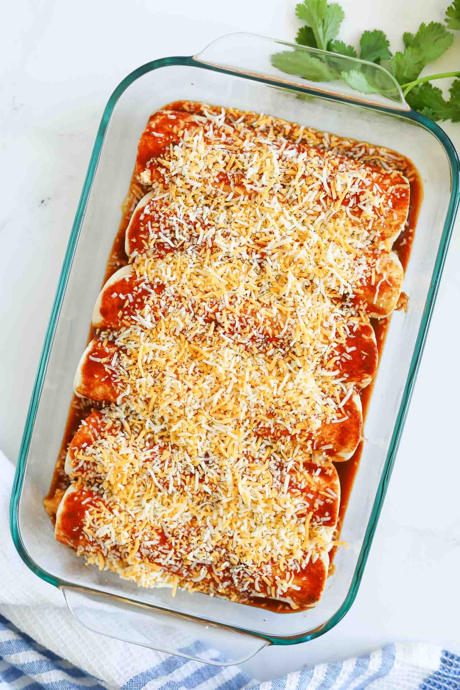 rolled chicken tortillas with enchilada sauce and shredded cheese