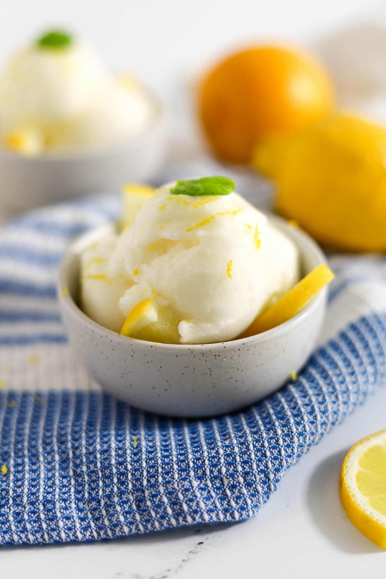 Sugar free lemon sorbet in a white bowl 