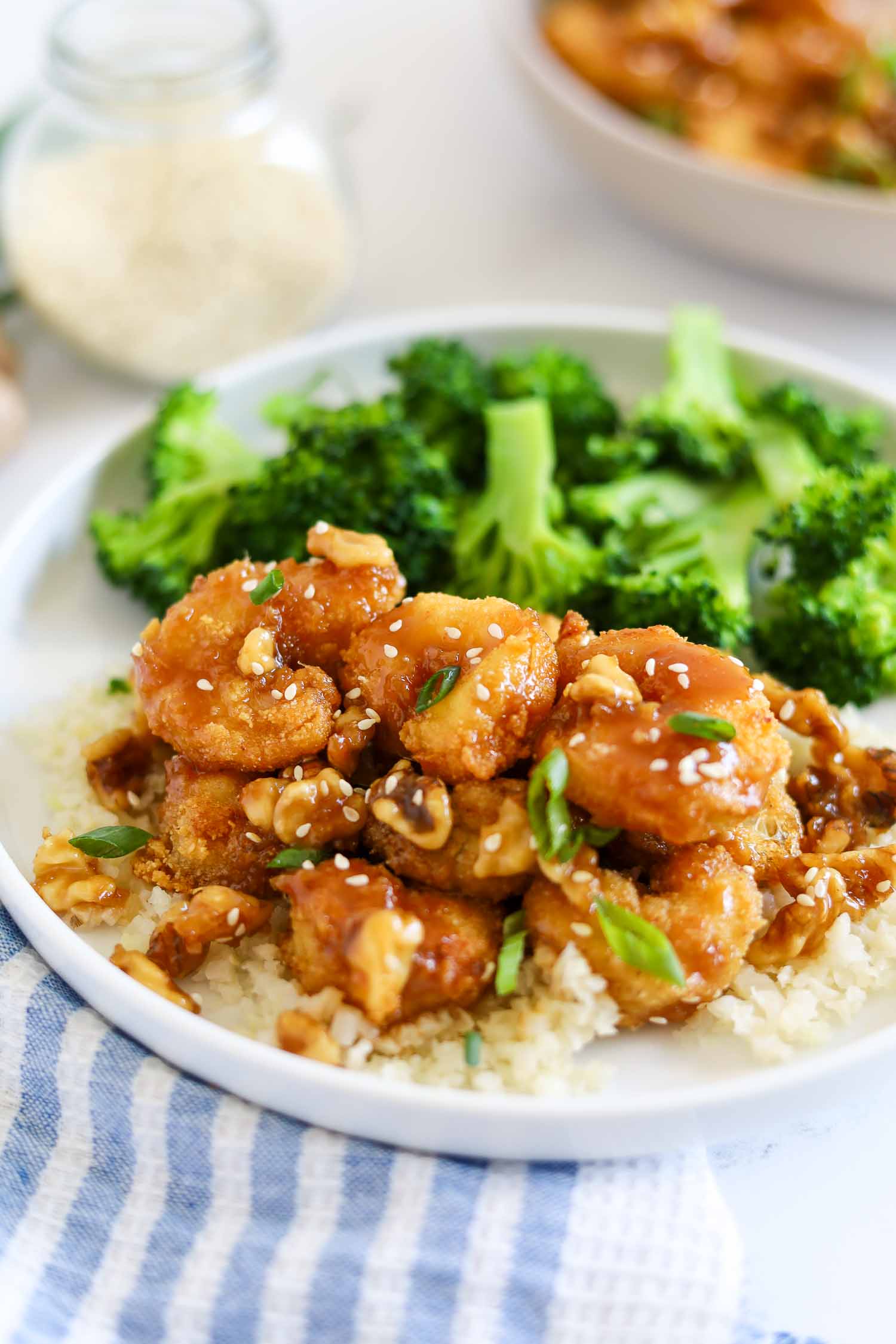 honey walnut shrimp with cauliflower rice and broccoli 