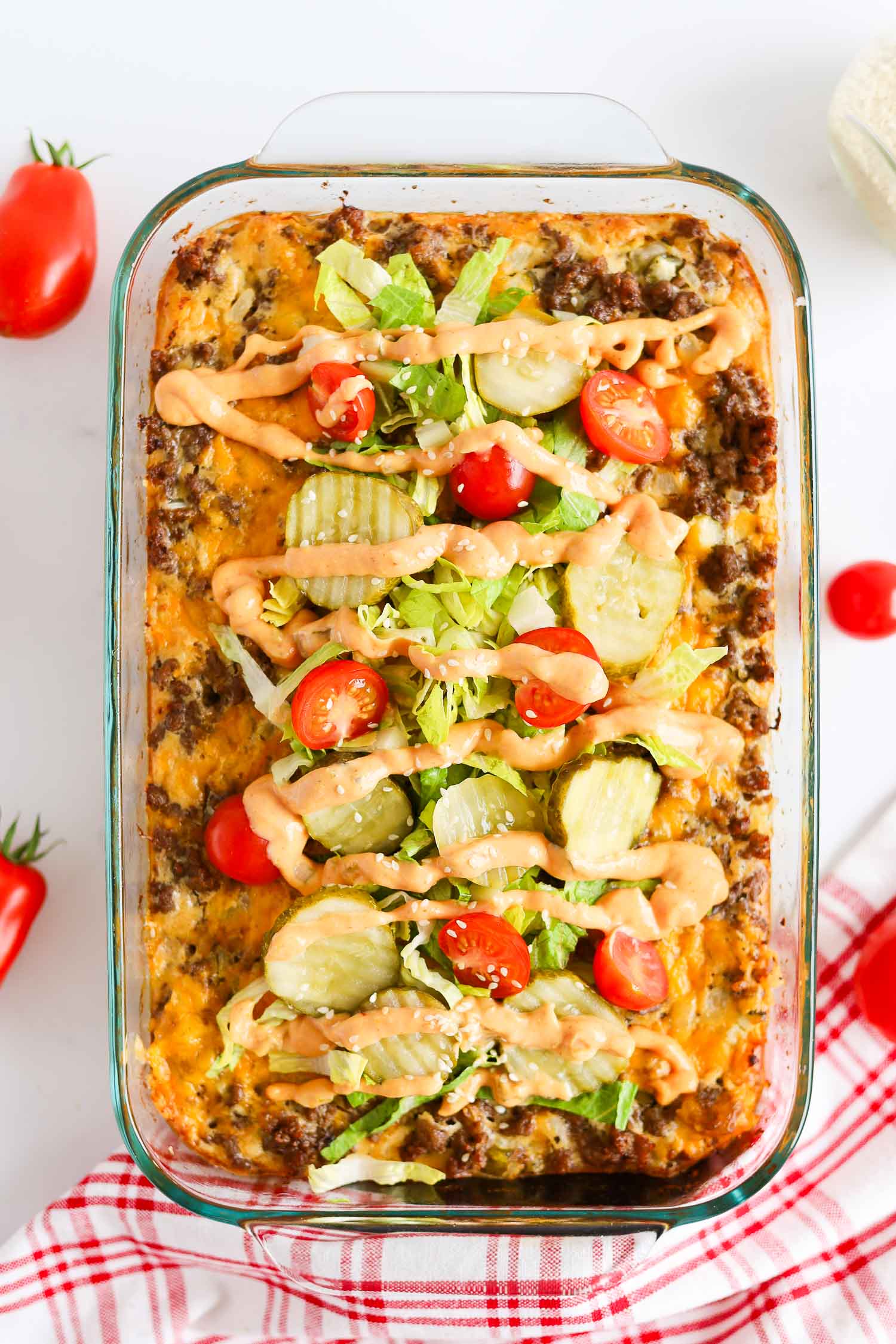 low carb big mac casserole with toppings