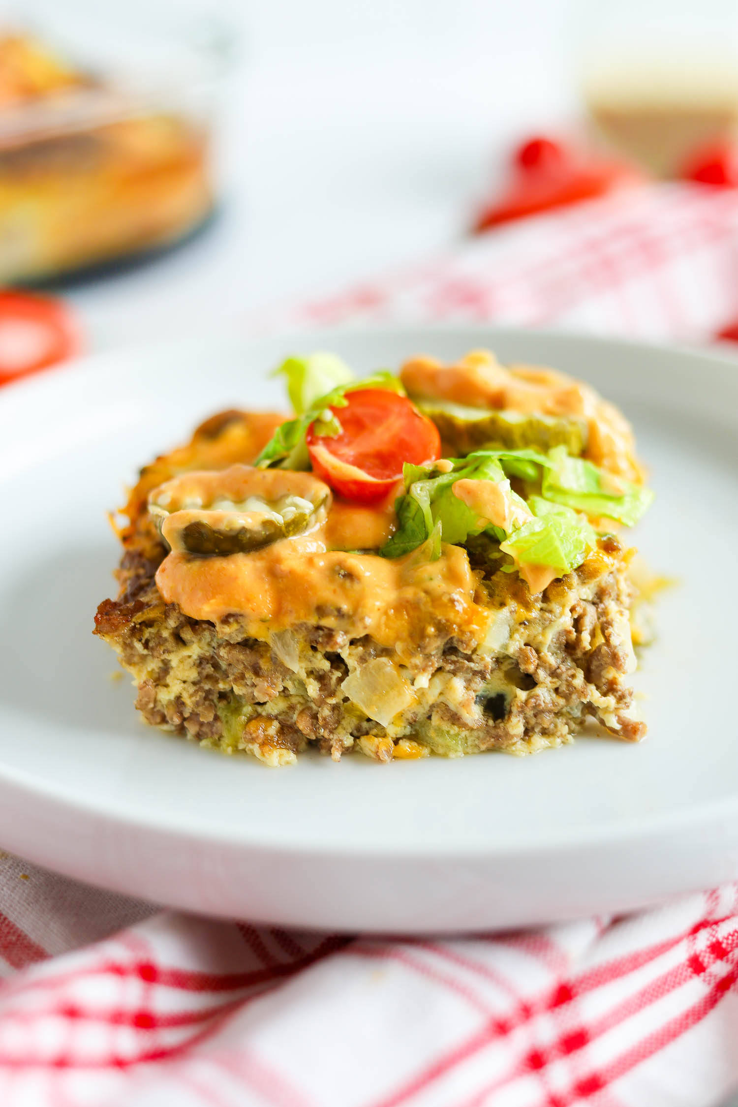 a slice of keto big mac casserole