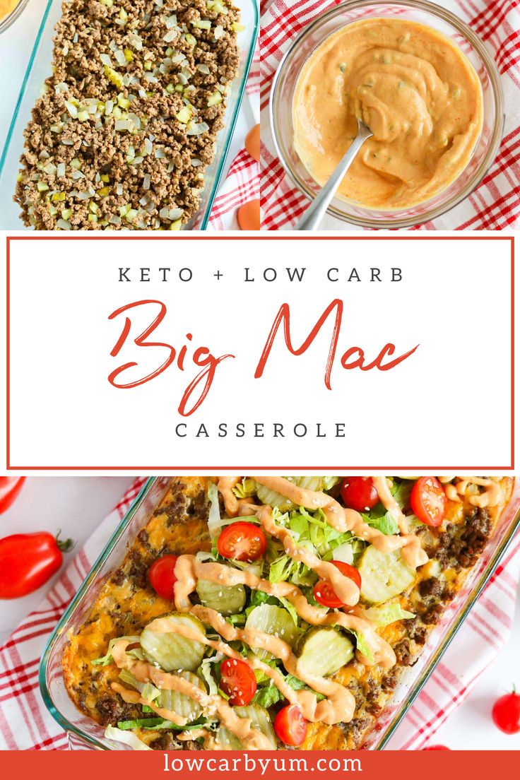 cheesy bic mac casserole in glass dish with tomatoes, pickles, and lettuce