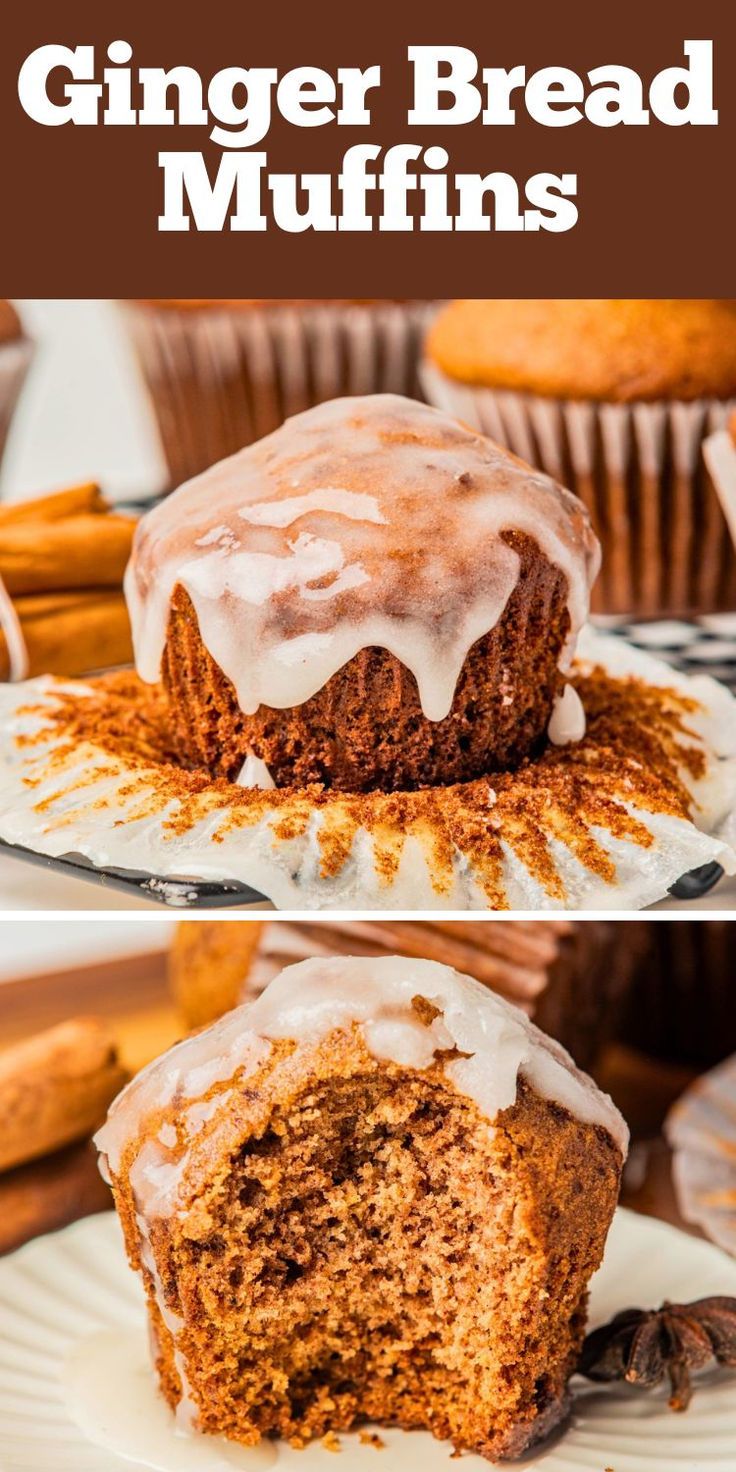 gingerbread muffin with icing and gingerbread muffin with bite