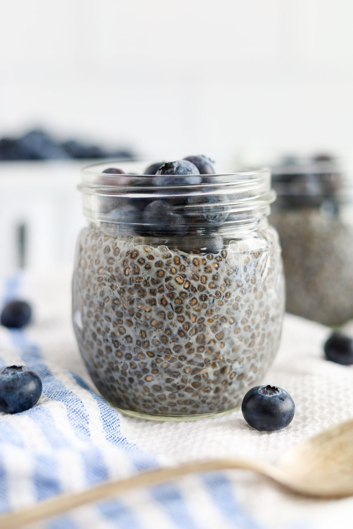 close up of chia seed pudding for breakfast with fruit