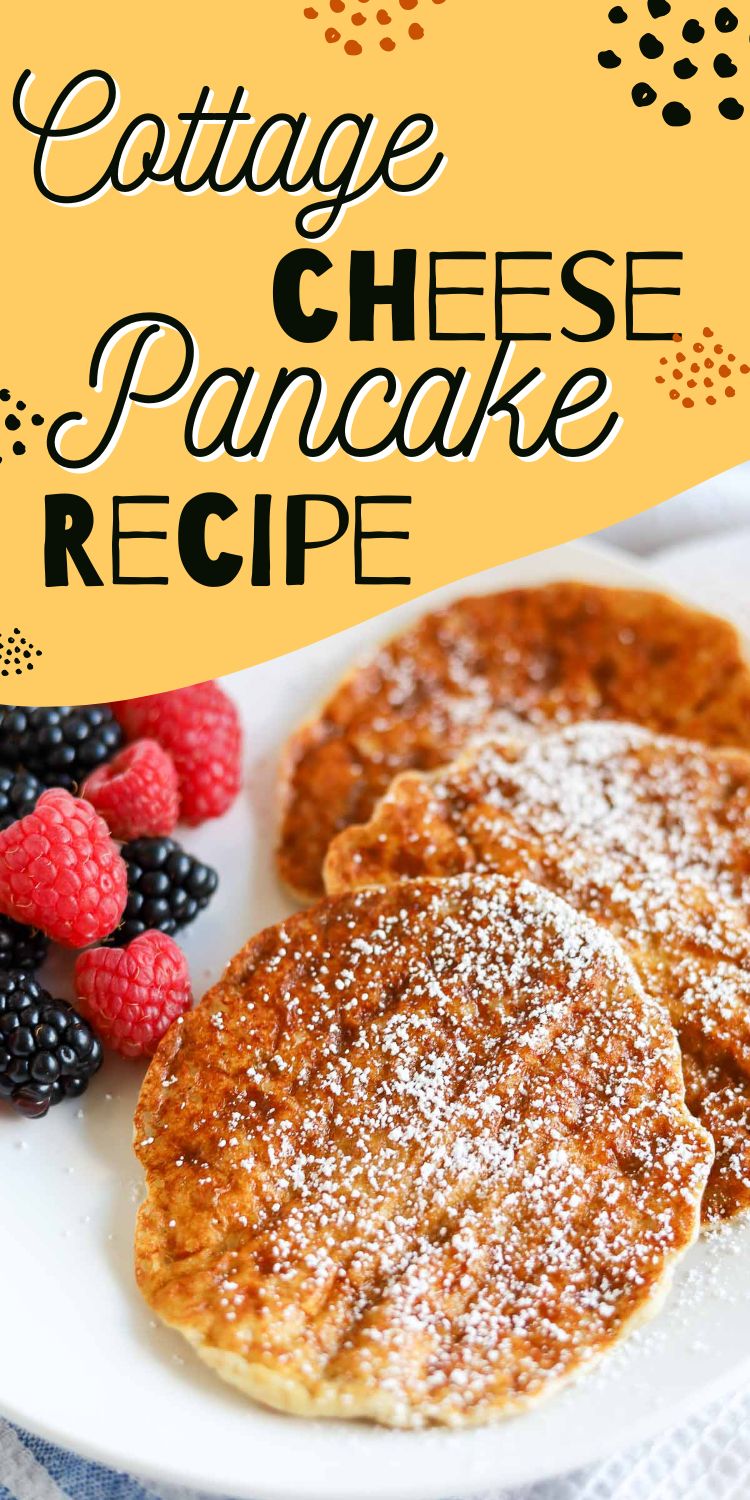 Stack of golden brown cottage cheese pancakes topped with fresh raspberries