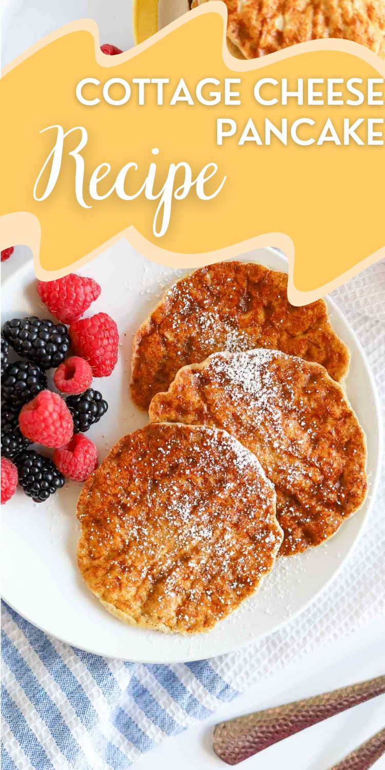 pin image overhead view of cottage cheese pancakes with powdered sweetener and syrup