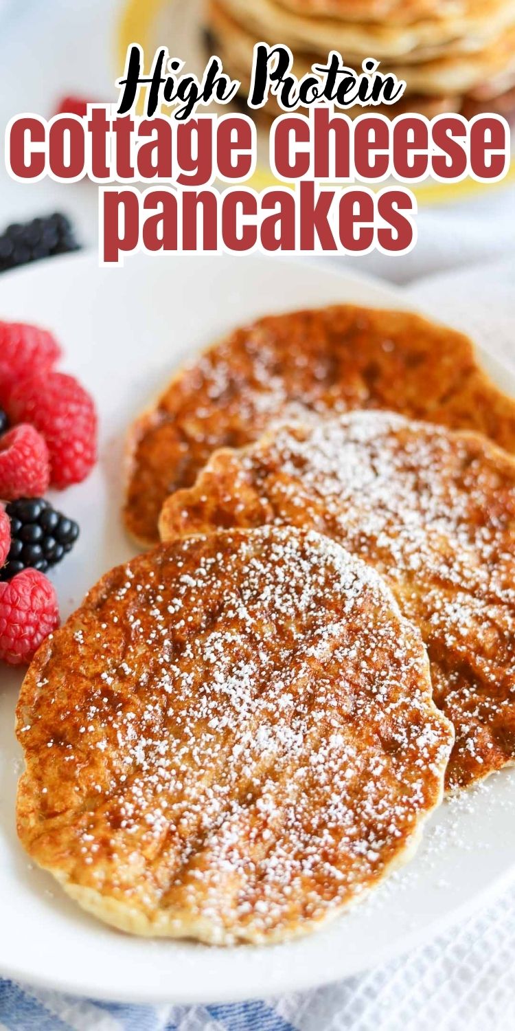 pin image Cottage cheese pancakes served in a neat stack with vibrant fruit garnish
