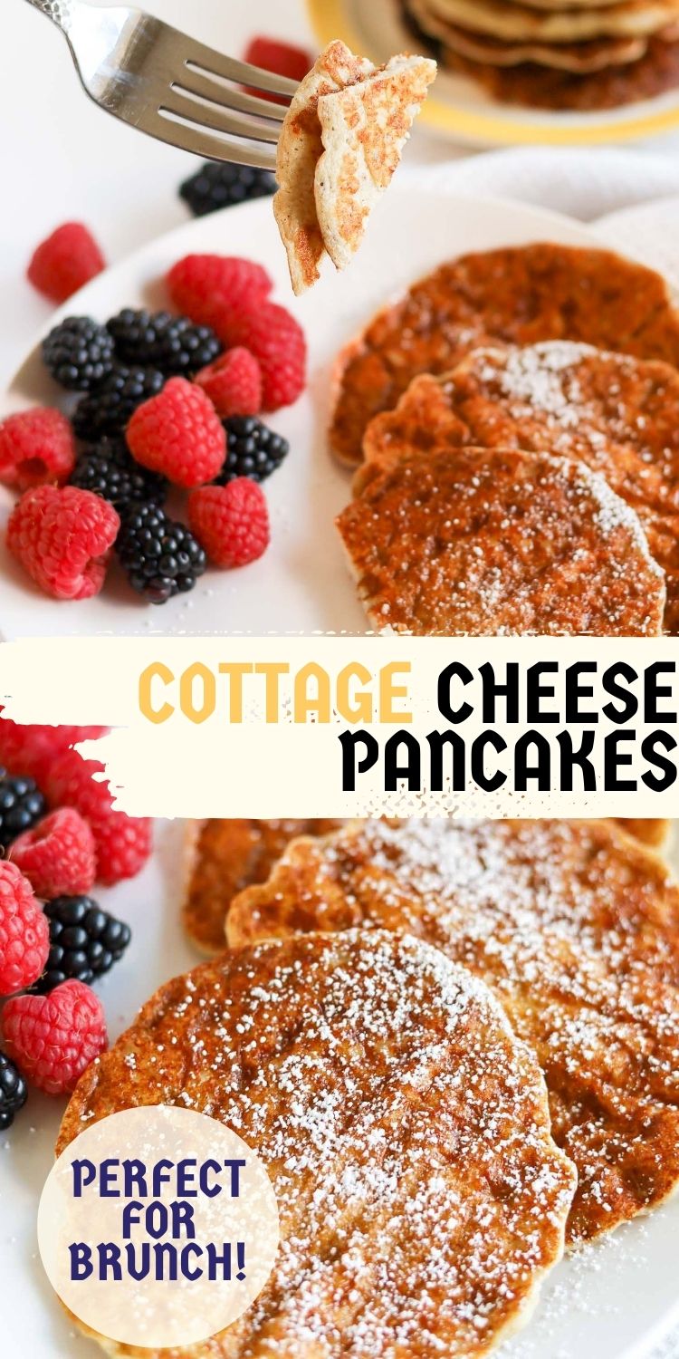 Freshly made cottage cheese pancakes on a plate with a silver fork
