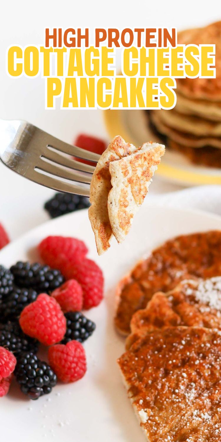 Close-up of fork cutting into soft, high-protein pancakes made with cottage cheese